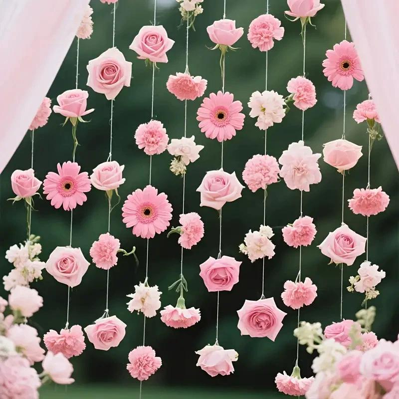 30/40/50Pcs Fishing Line Bohemian Style Artificial Flowers Floating Petals Water Falls Set Random Pink Flowers Pink DIY Pendants
