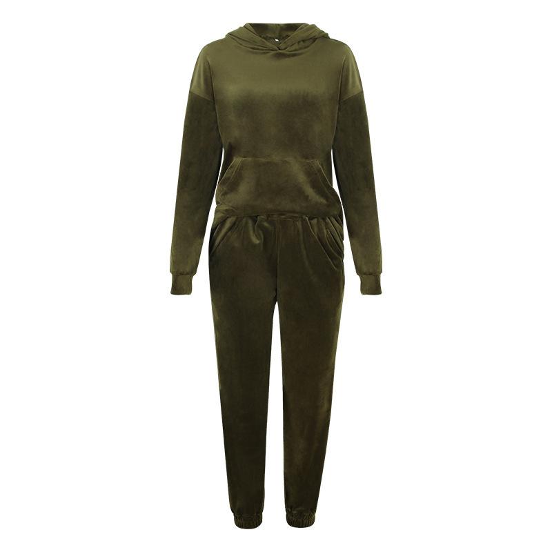 Женский осенне-зимний однотонный комплект из топа с капюшоном и брюк, повседневный бархатный костюм серебристой лисы для женщин