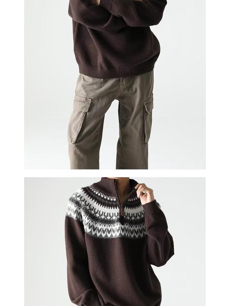 Мужской ретро вязаный свитер с жаккардовым узором и молнией на половину - Осенне-зимний стиль