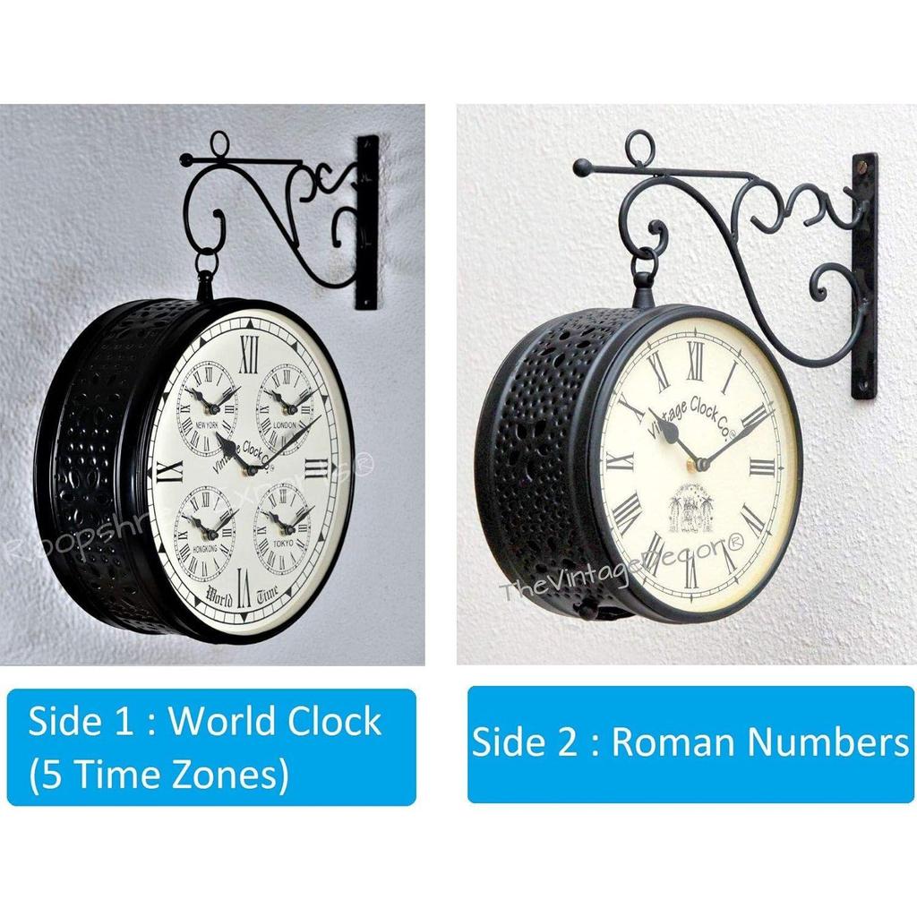 Двусторонние аналоговые часы с мировым временем/железнодорожные (станция) Часы / Черная отделка / Размер 12 дюймов / С одной стороны мировые часы, с другой - римские цифры