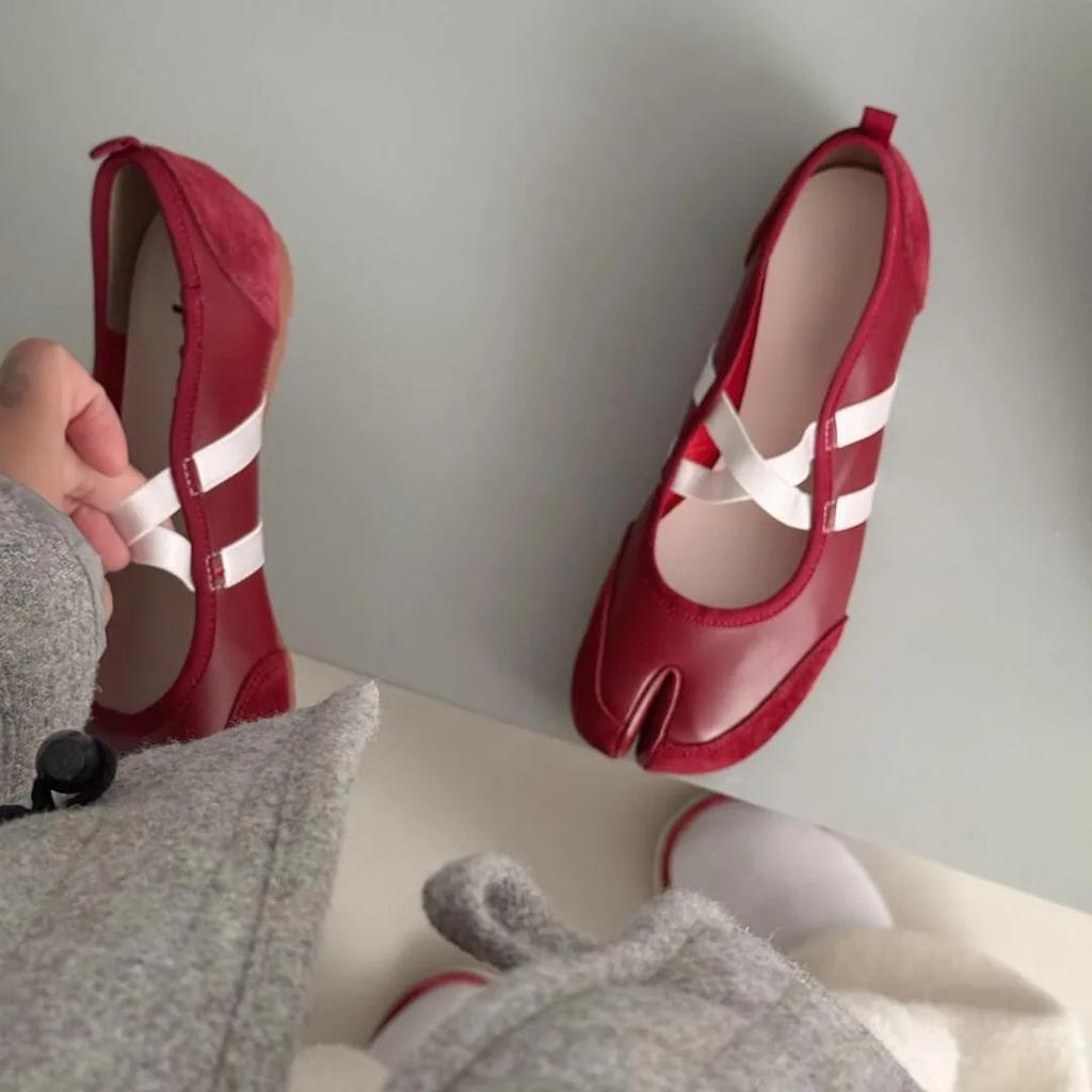 Черный Серебристый Красный Балетки Кроссовки Женские Разделенный Носок Балерина Таби Обувь для Ходьбы Женская Обувь Мэри Джейн Летняя