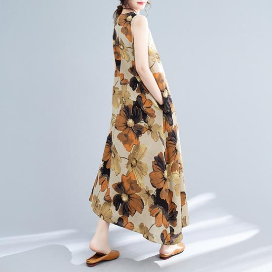 Платье из хлопка и льна больших размеров для женщин, летнее, без рукавов, с принтом, свободное, длинное, повседневное, с круглым вырезом, макси-платье