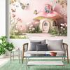 2D Enchanted Mushroom Cottage Backdrop, Pink Fairy Garden Party Background Cloth