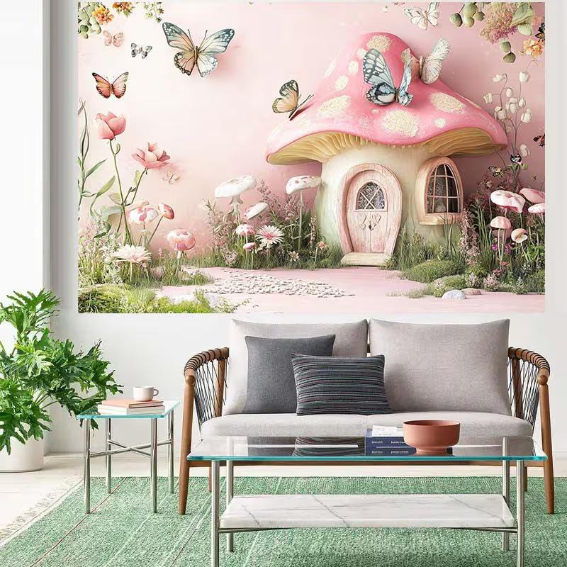 2D Enchanted Mushroom Cottage Backdrop, Pink Fairy Garden Party Background Cloth