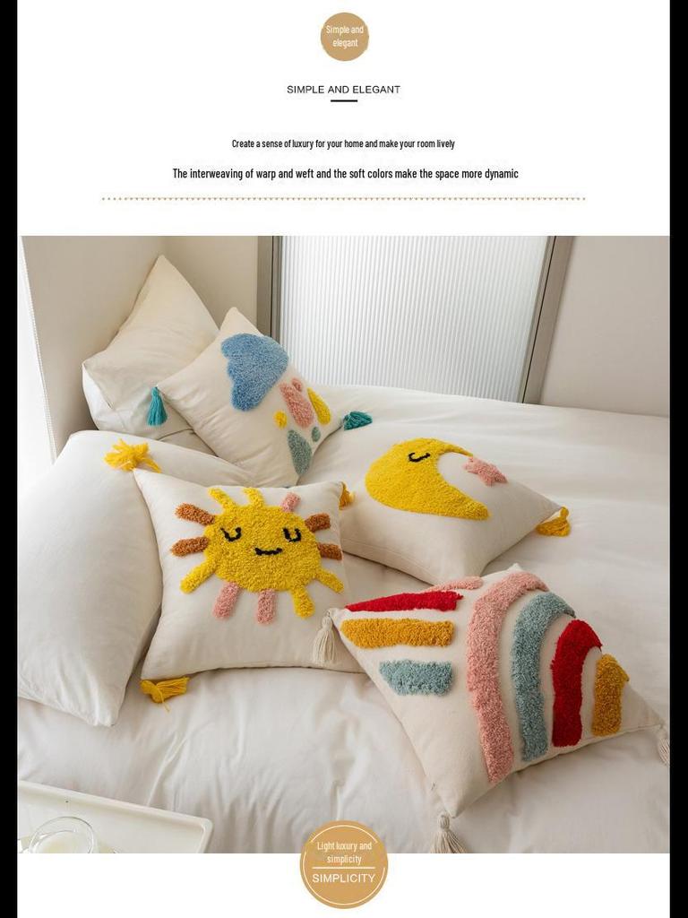 Kids' Cartoon Tufted Embroidered Pillow: Cozy Bedside or Sofa Backrest Cushion