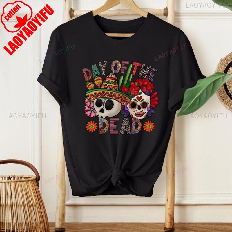 Day Of The Dead Cotton Short Sleeve Shirt Sugar Skull Mexican Heritage Floral Flower Skull Dia De Los Muertos Summer Casual Tee