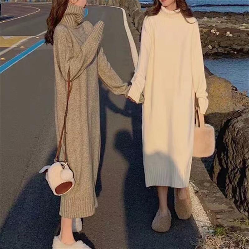 With Coat Autumn and Winter Turtleneck Temperament Dress Knee-knit Loose and Thin Bottom Long Dress New Sweater