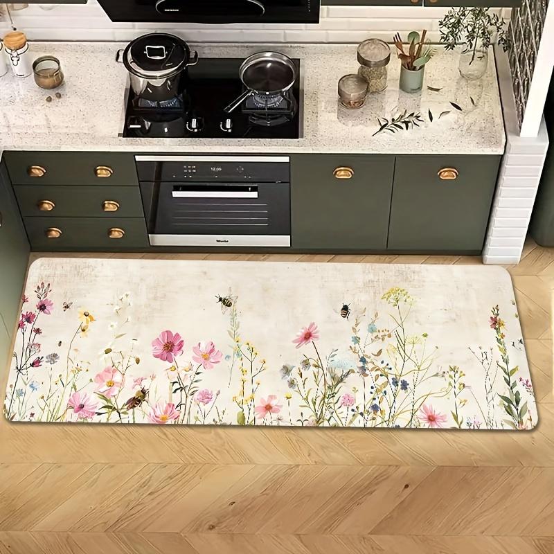 1 шт. анти-усталостные кухонные коврики, с цветочным и пчелиным принтом, водонепроницаемые нескользящие толстые мягкие кухонные коврики, прочные, удобные стоячие коврики для кухни