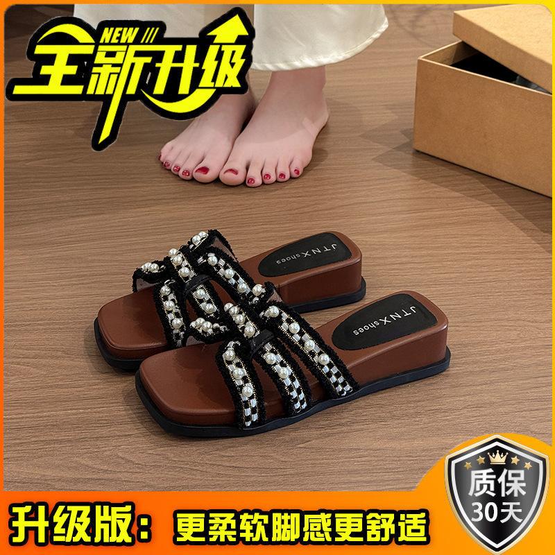 Xiaoxiangfeng High-heeled Slippers Women's Summer 2025 New Outer Wear Fashionable Pearl French with Skirt Comfortable Going Out Sandals