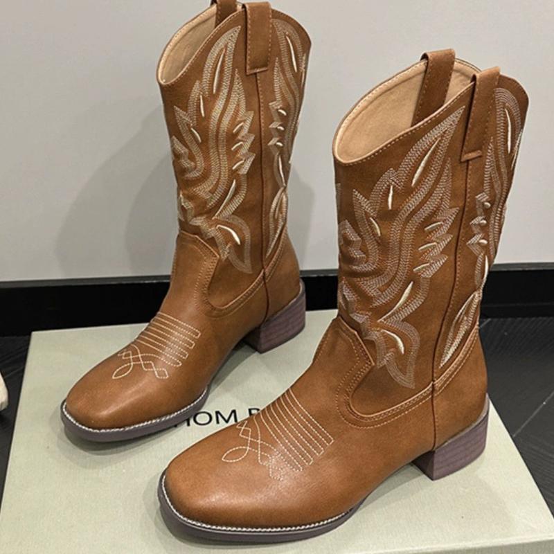 Western Cowboy Boots Embroidery Sleeve New Internet Celebrity Thick Heel Women Boots