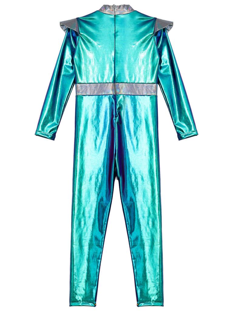 Girls Alien Cosplay Costume Space Astronaut Robot Jumpsuit Long Sleeve Shiny Metallic Bodysuit For Halloween Christmas Dress Up
