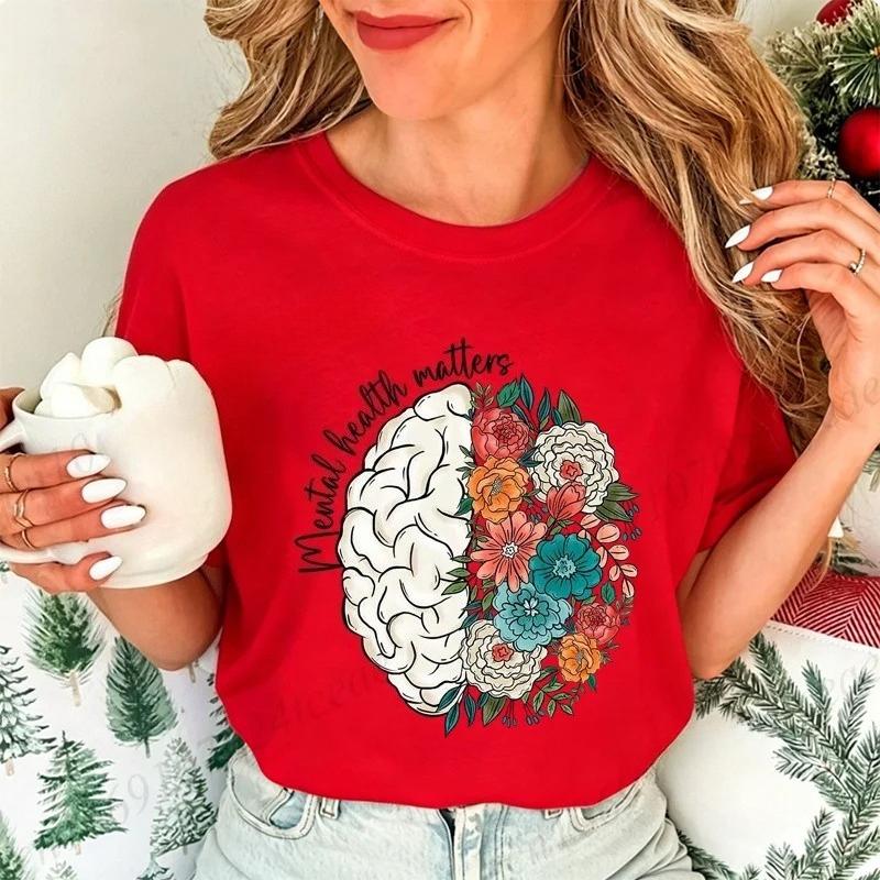 Mental Health Shirt,School Psychologist T-Shirts,Inspirational Tees,Mental Health Awareness Tops,Cute Brain Women's T-Shirt
