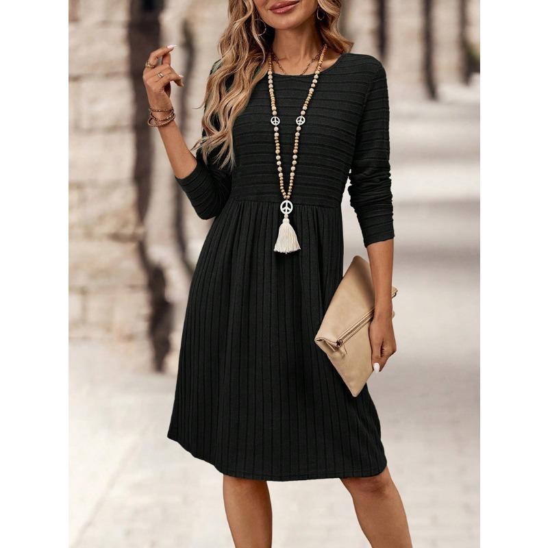 Women S Solid Color Crew Neck Long Sleeve Casual Dress