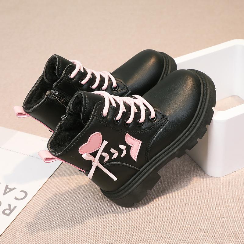 Children Fashion Boots Girls Ankle Boots Pink Elegant Zipper Cool Love Pattern Kids Princess Leather Boots Non-slip Size 26-37