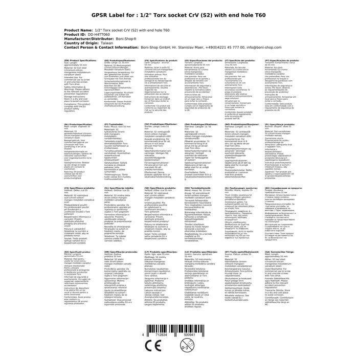 Douille hexagonal T60 en Acier S2 1/2 Pouce avec Trou Frontal - Vissage Précis et Sécurisé