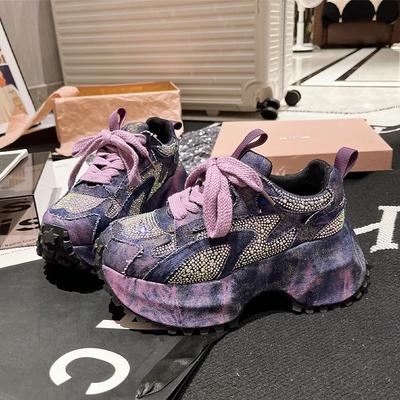 Модные женские кроссовки Кристальная платформа Высокий каблук Спортивная обувь 2025 Осень Роскошные Новые На шнуровке Беговые Походные туфли Повседневная женская обувь