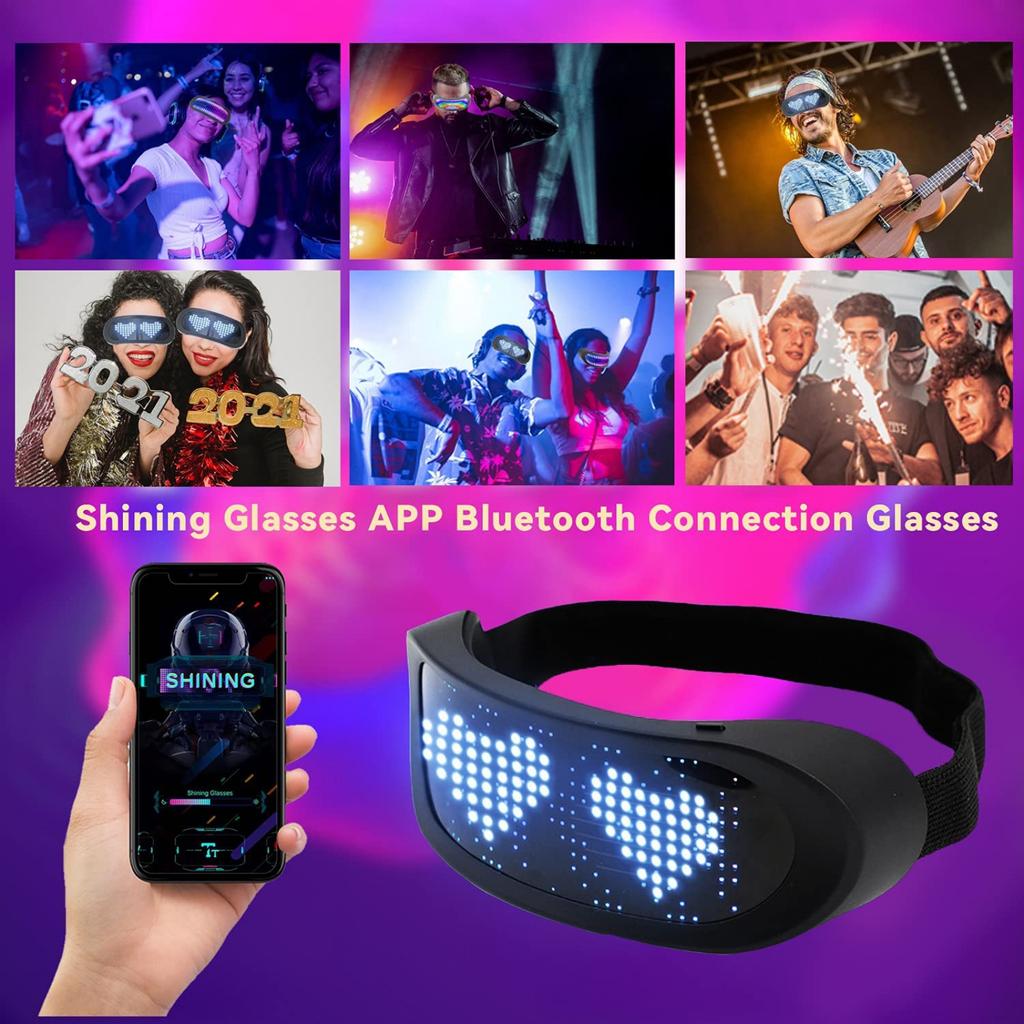 LED Smart Glasses Support APP Control, Party Bluetooth Glasses for Birthday, Bar, Flashing Display DIY Animation, USB Rechargeable Shining Glasses