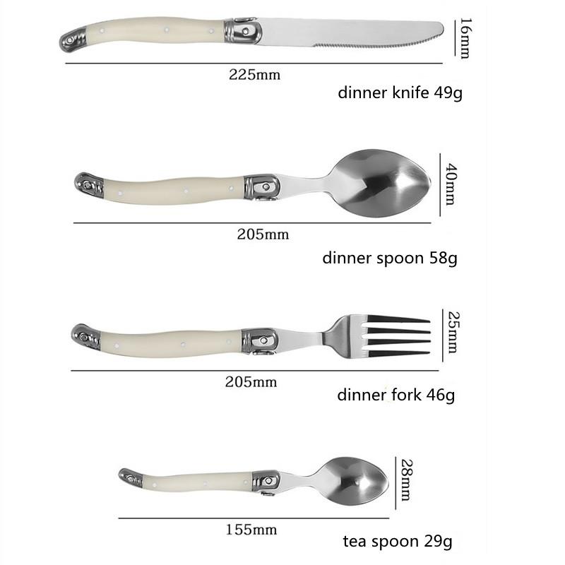 Набор столовых приборов Laguiole из 24 предметов Нож для стейка Вилка Суповая ложка Чайная ложка Ручка из пластика цвета слоновой кости Нержавеющая сталь пищевого класса Столовая посуда