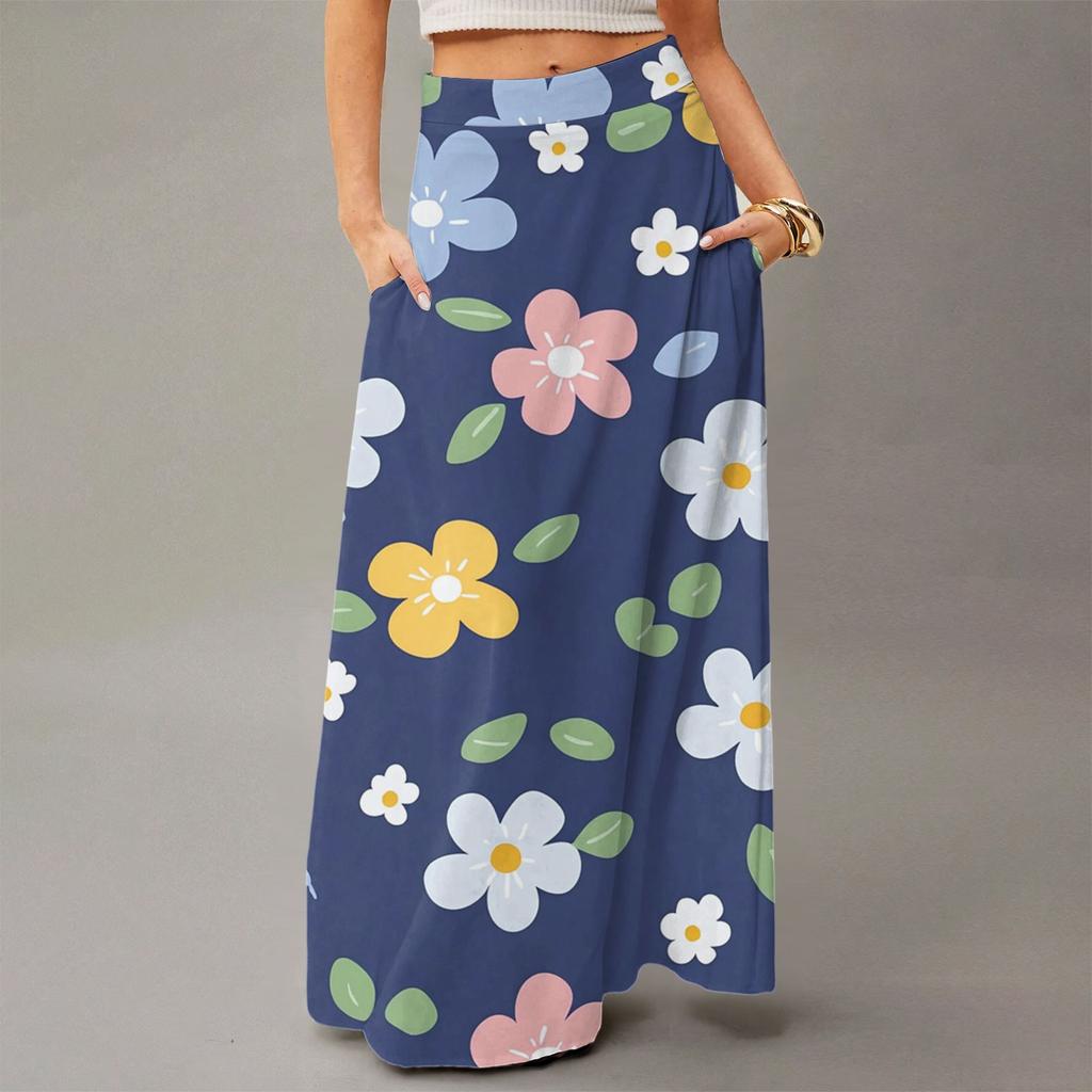 Женская повседневная складная юбка макси с цветочным принтом, высокой талией и карманом, с драпировкой