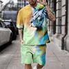Animal Lion Graphic Prints Sport Designer Casual Men's Shirt Set Shorts and T Shirt Set T-Shirt Outfits Outdoor Daily Vacation T Shirt Red Blue Orange