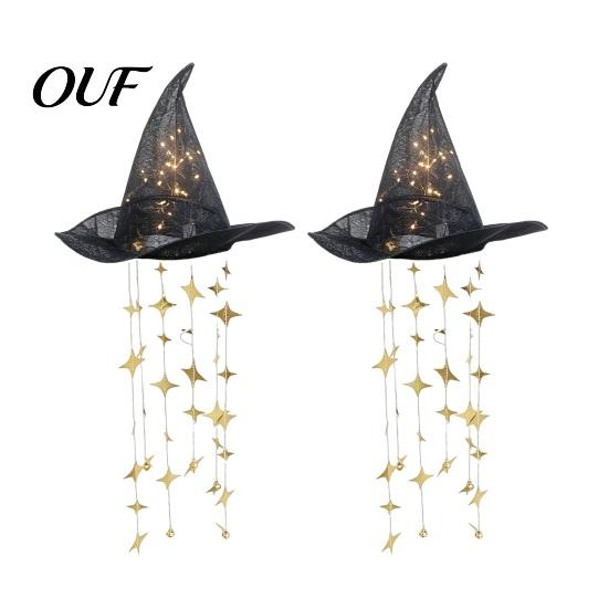 Patio Holiday Atmosphere Lights Lighted Witch Hat Hanging Chime, Halloween LED Ornament with Indoor Seasonal Festive Accents Star Tassels, Magical