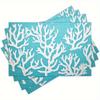 JIT4 Set of Four Linen Placemats, Featuring a Blue Background with White Coral Designs, Measuring 12X18 Inches, Suitable for Kitchen And Dining Room