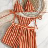 Stripes 3 in 1 Swimwear Set Lace Up Knitting Swimsuit Casual Bikini Bathing Suit  Beach