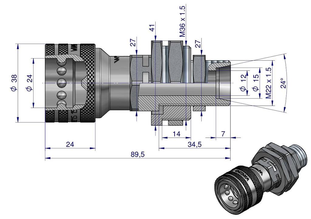 Szybkozłącze Hydrauliczne Gniazdo Long M22X1.5 Gwint Zewnętrzny Euro (Adaptacja Starego Typu 504900) (9199822G/St) (Iso 7241-A) Waryński