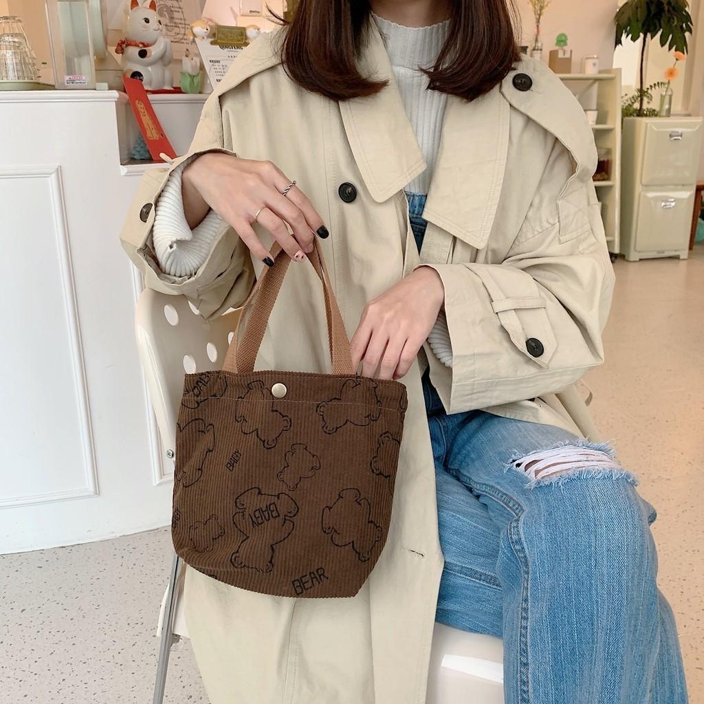 Винтажная вельветовая сумка-тоут для ланча с изображением медвежонка, портативная, большой вместимости, сумка для хранения