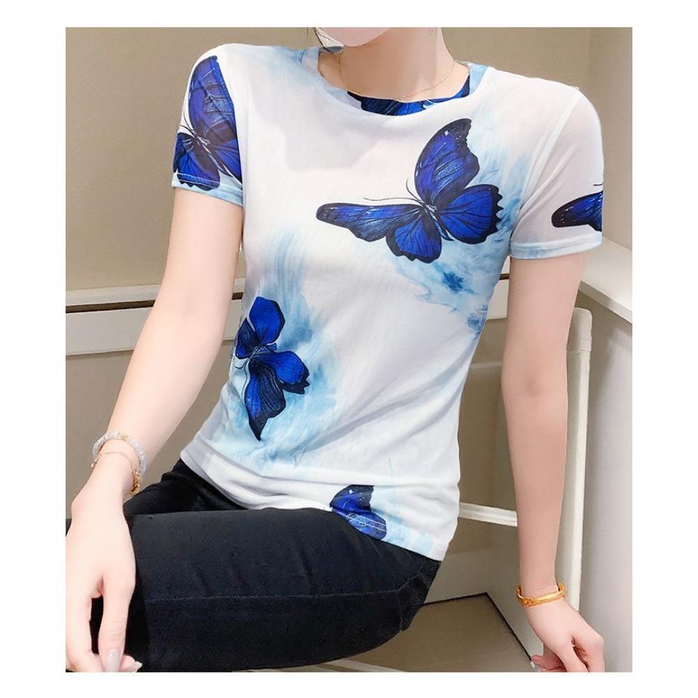 Western Butterfly Print Short Sleeved Women's Fashionable Ice Silk Mesh Top Slim Fit Versatile T-shirt
