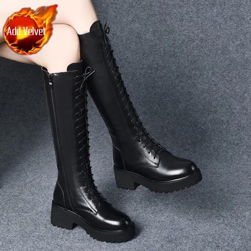 Women's Long Boots Round Toe Middle Heel Ladies Knee High Shaft Shoes Platform Comfortable and Elegant Winter 2024 Novelty Trend