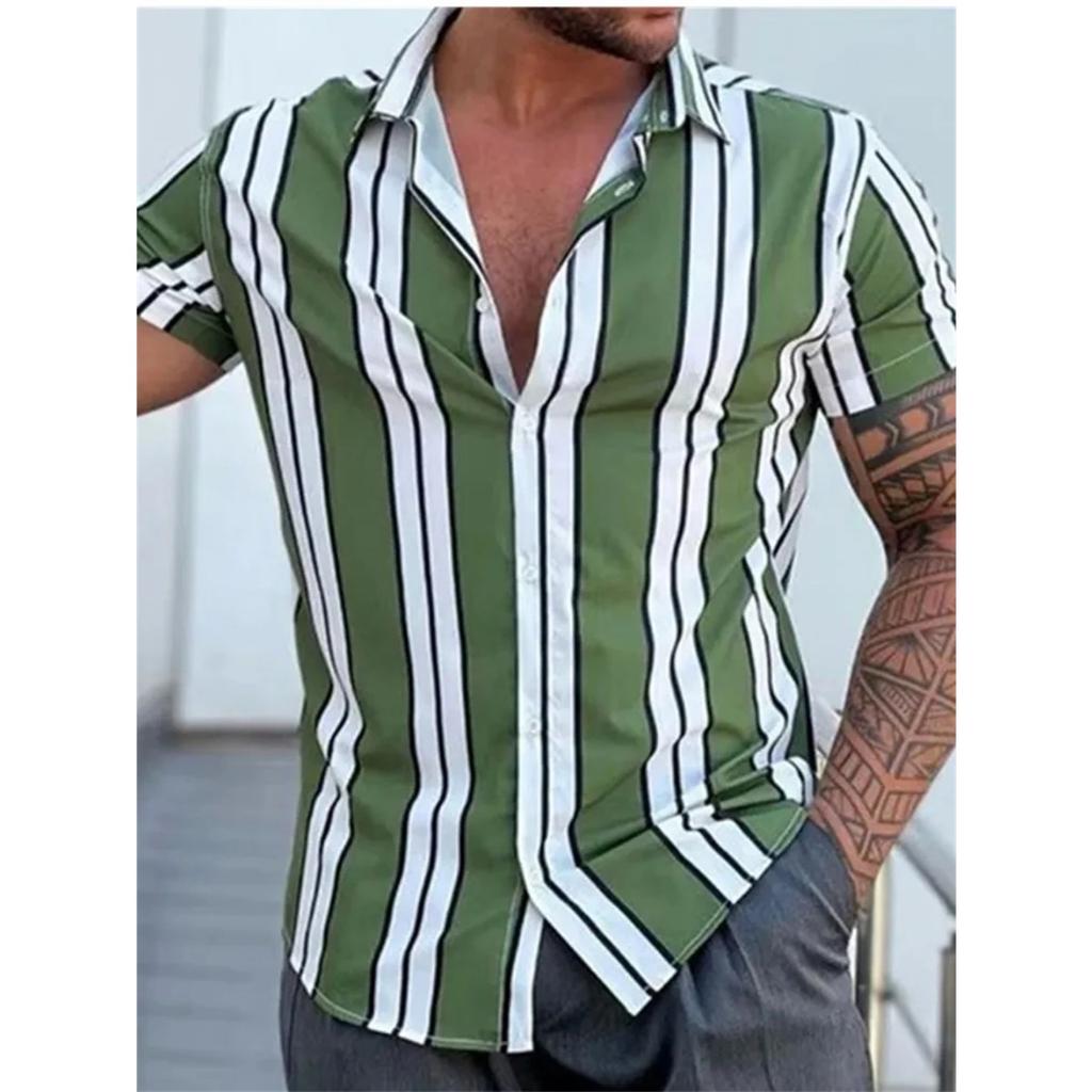 Мужская гавайская рубашка 3D полоска короткий рукав летняя свободная повседневная большого размера простая модная воротник пуговицы мужские топы
