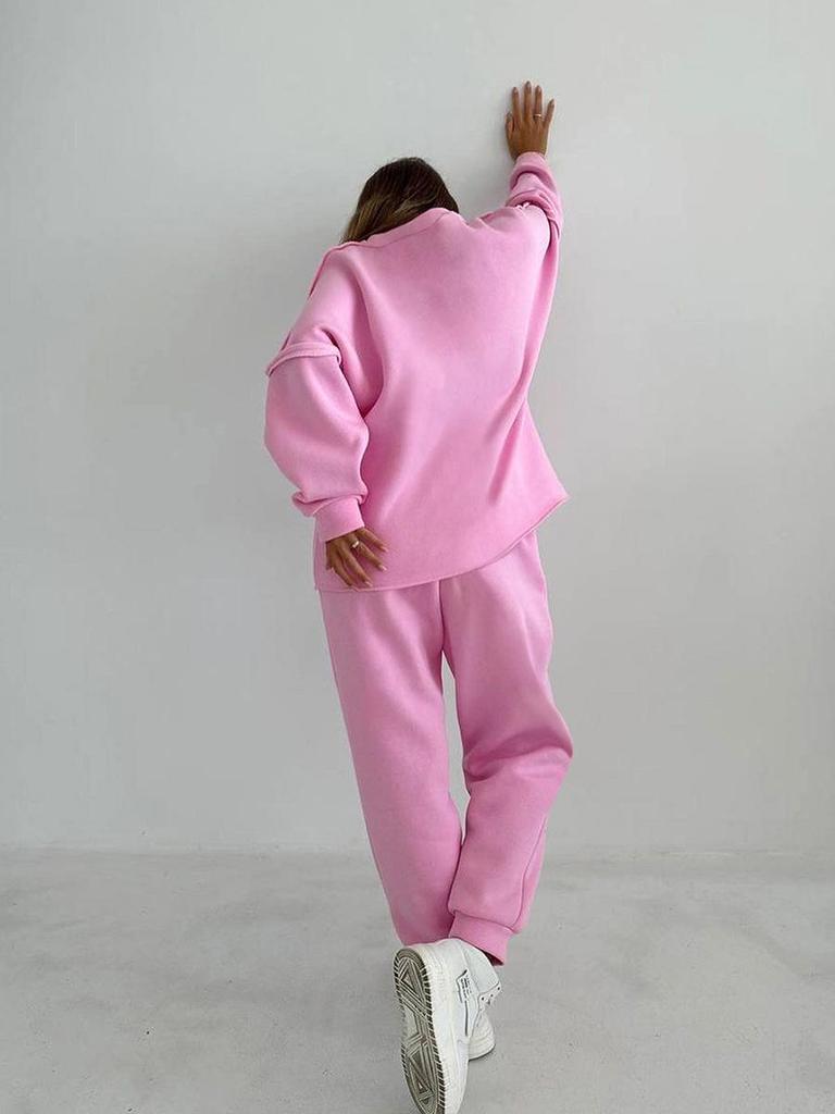 2023 Pink Sport Fleece Sweatshirt & High Waist Sweatpants Set - European & American Autumn Fashion for Women