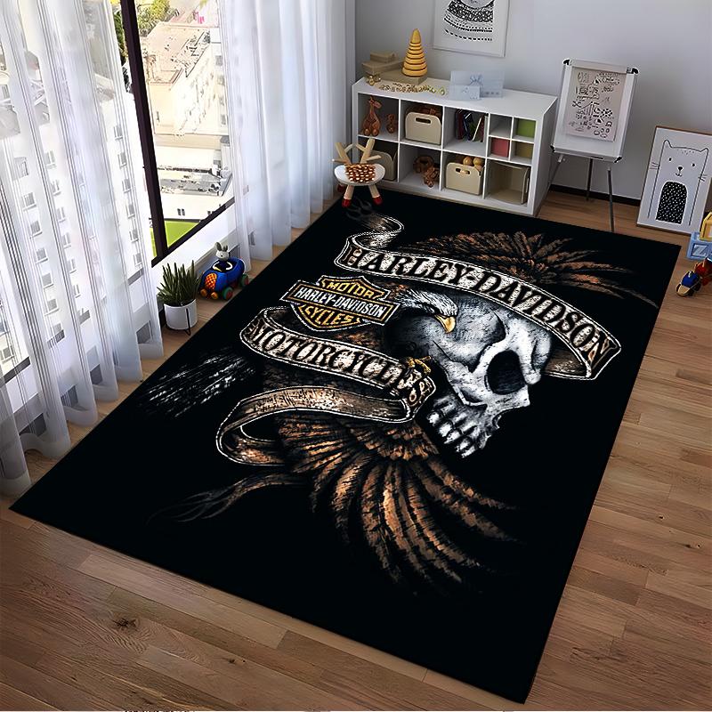Skull and Eagle Harley Davidson Motorcycle Logo Black Rug Decor Suitable for use as an anti-slip for living room bedroom sofas