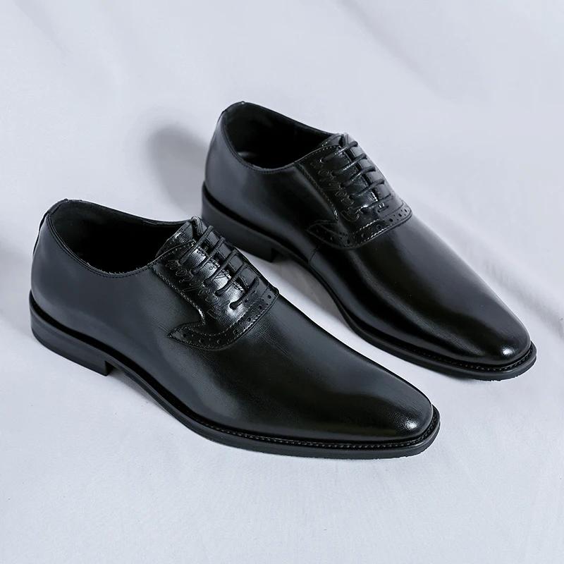 Мужские свадебные туфли Модные кожаные туфли Остроносые оксфорды на шнуровке Деловая обувь Официальные черные туфли-броги Мужская обувь