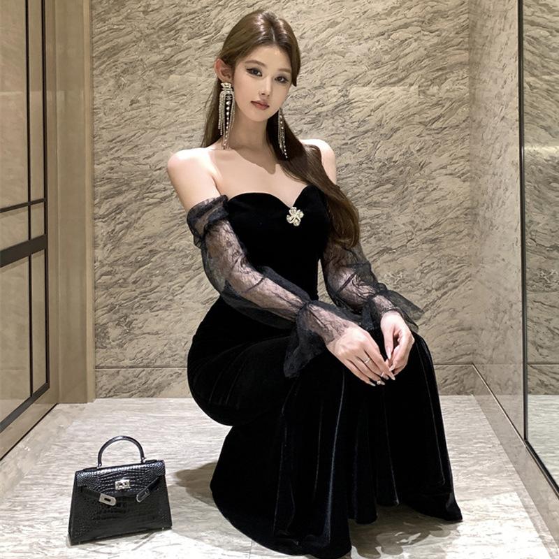 Women's Celebrity Lace Stitching Slim Fit Velvet Dress