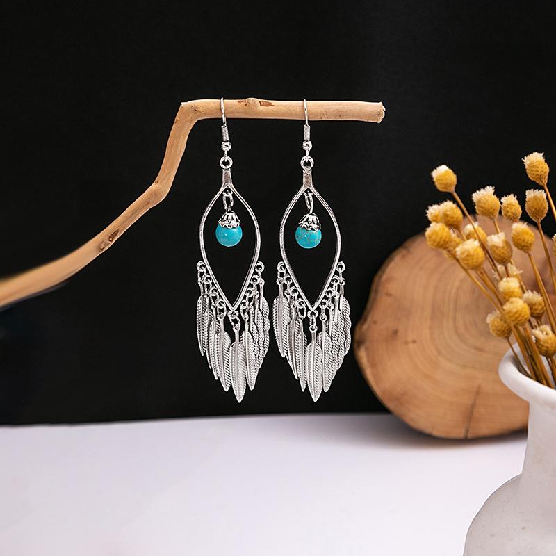 European and American Retro Ethnic Style Turquoise Earrings, Hollow Ring Flower Fringed Earrings, Owl Water Drop Earrings