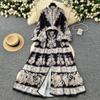Spring Autumn Women Big Size Vintage Print Single Breasted Long Maxi Holiday Party Dresses with Belt