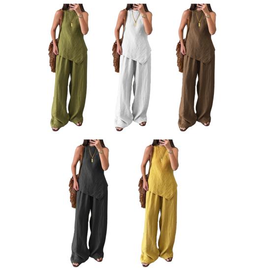 Женский комплект из двух предметов с неровным подолом, безрукавка, топ с круглым вырезом, широкие брюки, летний повседневный спортивный костюм