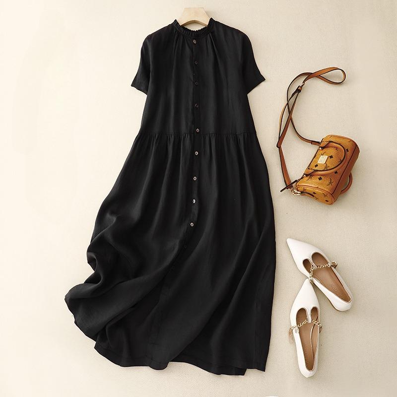 Весенне-летнее хлопково-льняное платье-кардиган с длинными рукавами