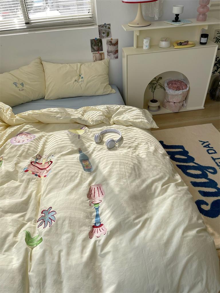 Стираный хлопок с вышивкой «девчачье сердце» из чистого хлопка, комплект из четырех предметов из стираного хлопка, простыня из чистого хлопка, пододеяльник