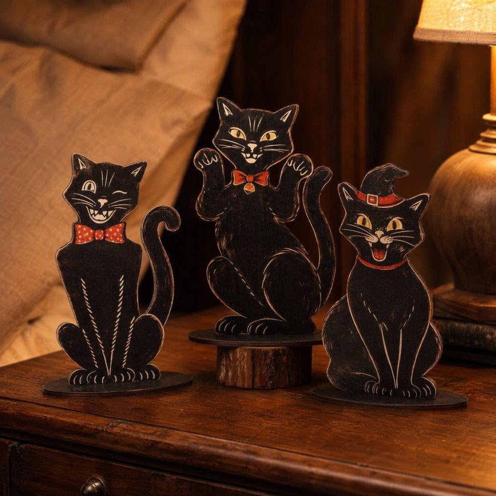 3 pcs Wooden Halloween Decorations Vintage Cat Decorative Plaques Sitting Cat Statue Study Room