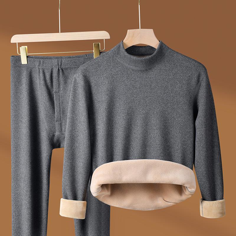 Men's Camel Hair Thermal Underwear Set: Half Turtleneck Top and Bottoms with Velvet Lining for Winter