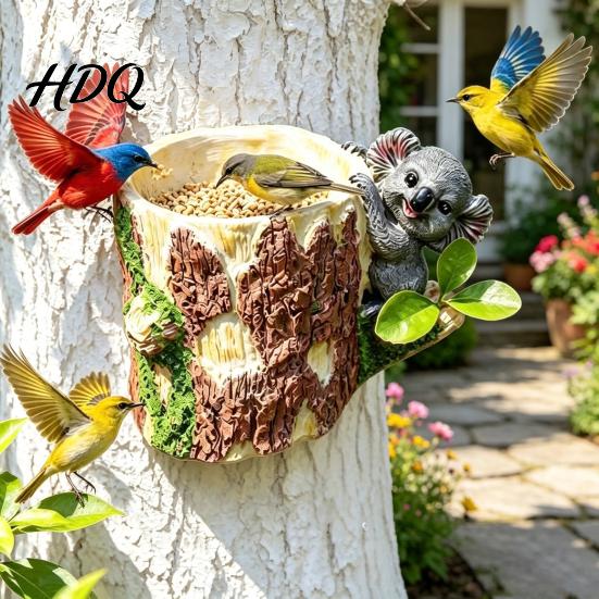 Уникальная скульптура кормушки для птиц Милая коала-кормушка Настенное крепление Смола Садовая скульптура Декоративная для улицы Двора Деревьев Заборов или Стен Забор