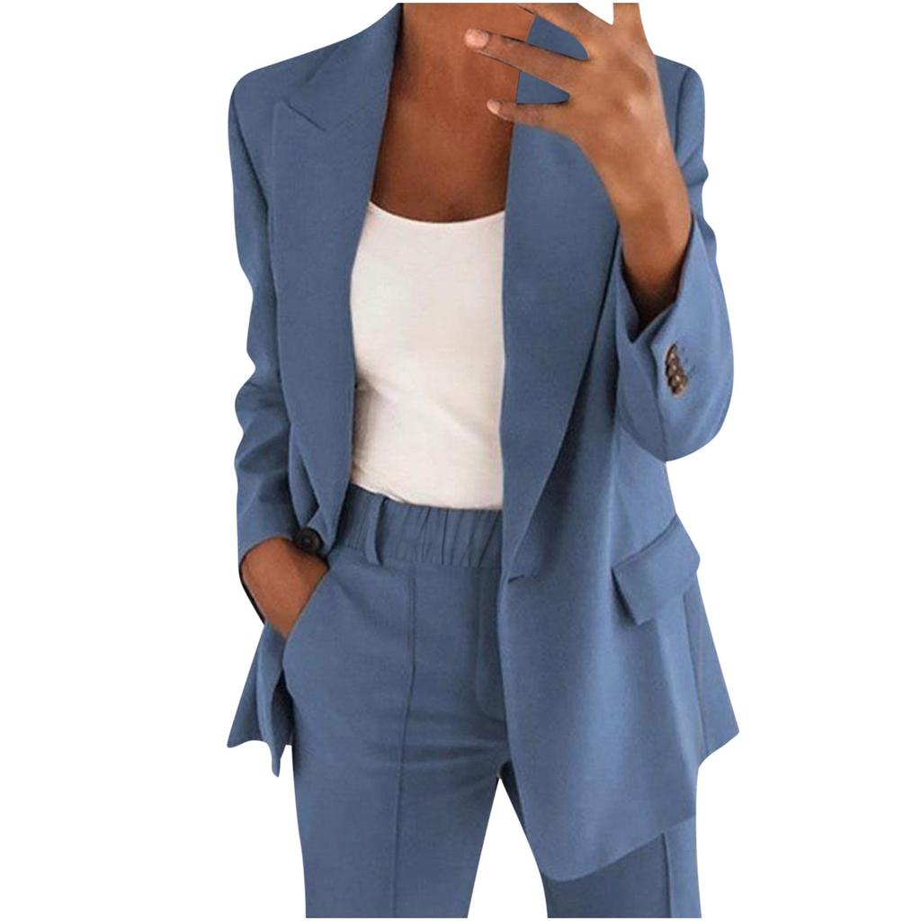 Women's Casual Long Sleeve Solid Color Lapel Cardigan Suit Jacket Pants Suit