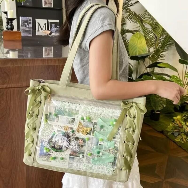 New Ribbon Bow Japanese Ita Shoulder Bag Cute Girl Transparent Pocket Large Capacity Crossbody Tote Bag DIY Display Handbags