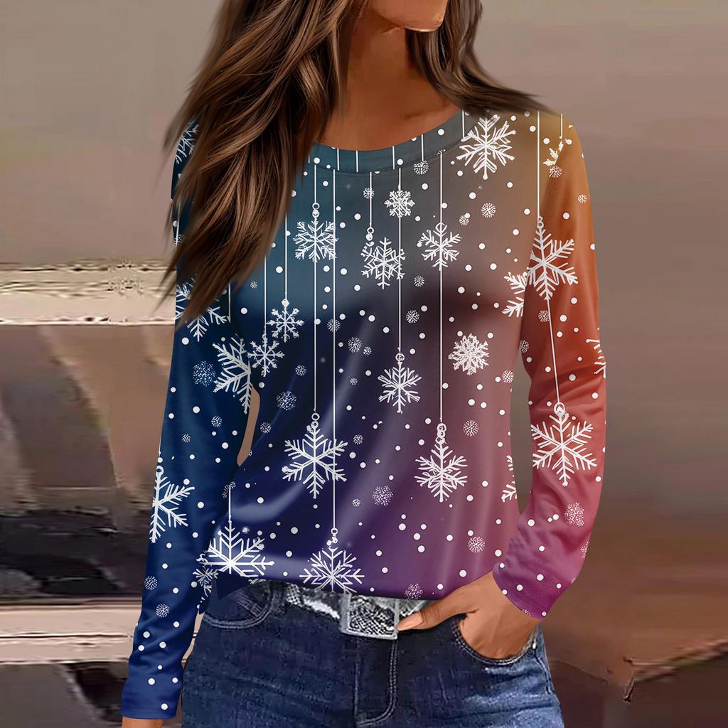 Женская модная повседневная футболка с разрезом по низу, круглым вырезом, длинными рукавами, свободного кроя, с рождественским принтом, женский топ