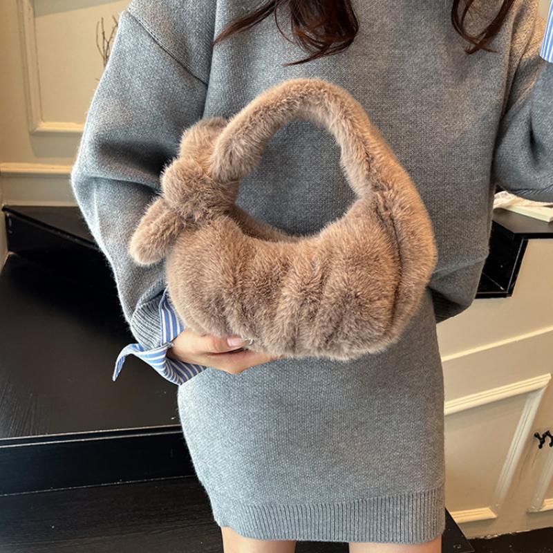 Women's Luxury Plush Clutch Cute Bow-shaped Handbag Headphone Coin Purse Fashion Faux Fur Solid Color Soft Pleated Cloud Bag