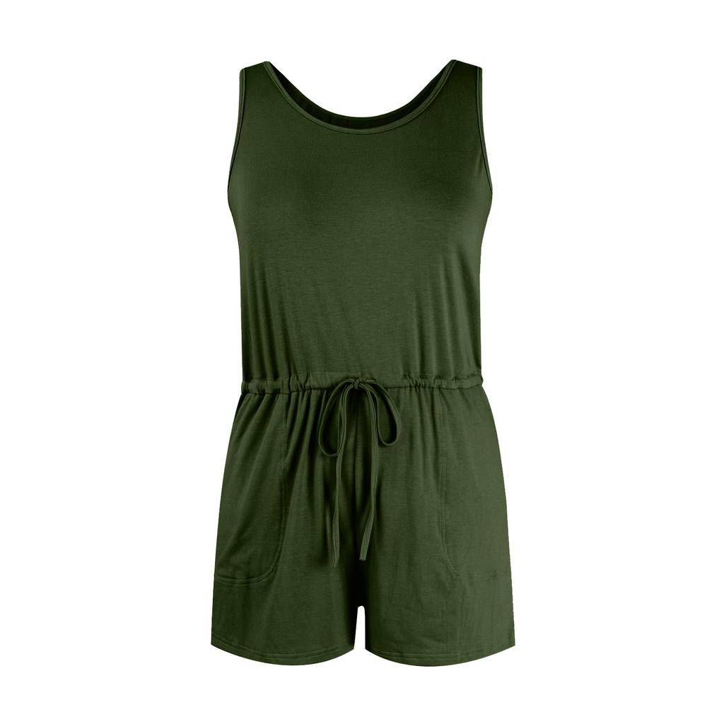 Women's Fashionable Casual Solid Color Vest With Drawstring Strap And Pocket Jumpsuit