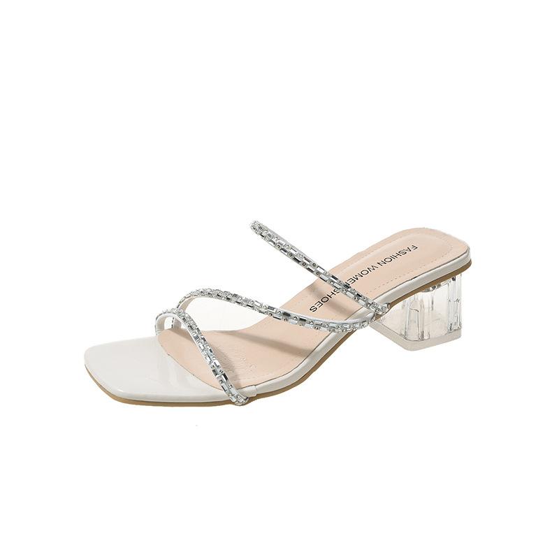 Internet celebrity rhinestone cool slippers women wear 2024 new summer two wear fashion flat thick heel large size women's shoes 41 a 42